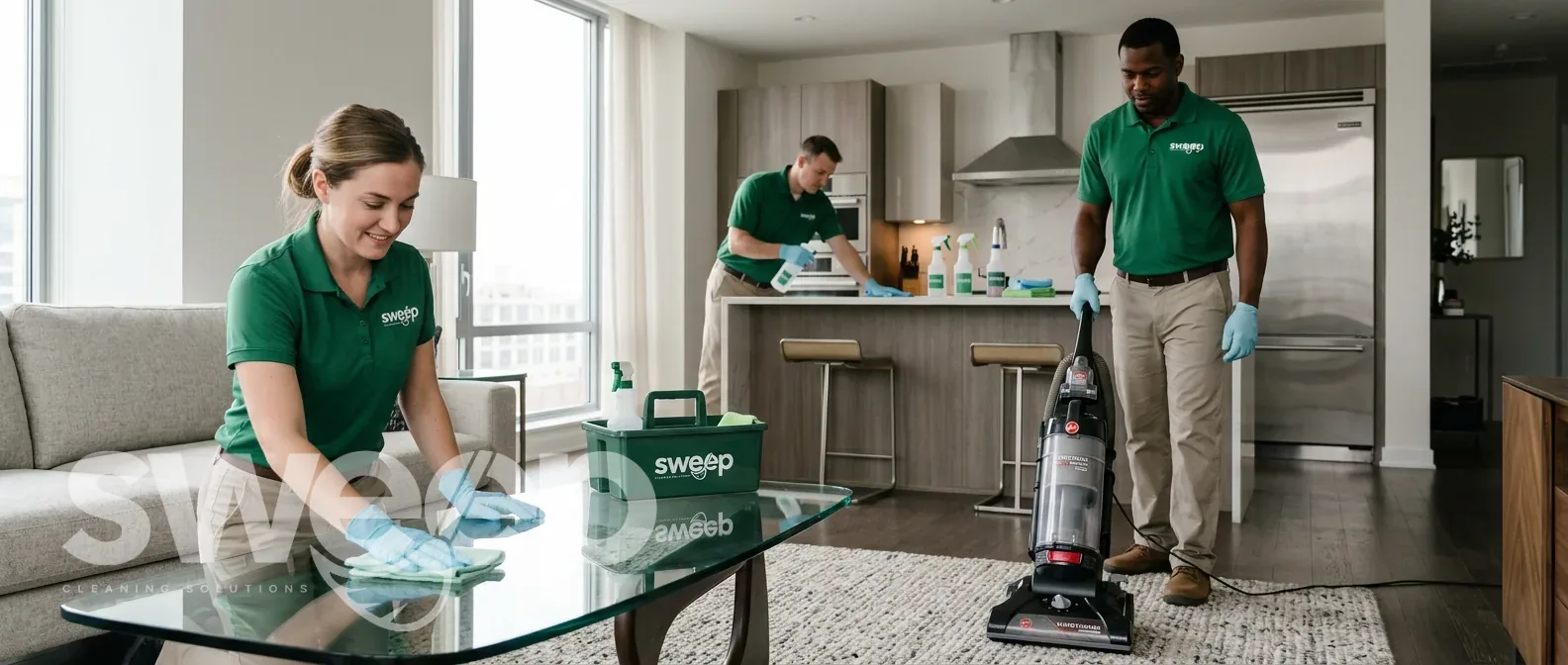 Three Sweep cleaners in uniform working through a modern apartment